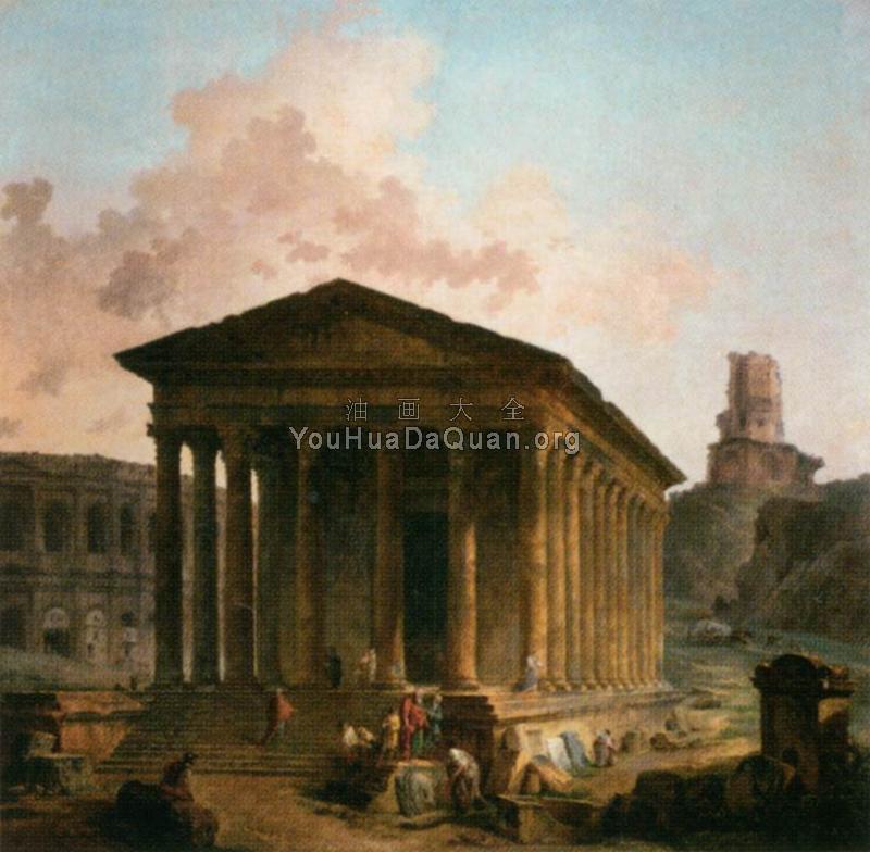 The Maison Caree, the Arenas and the Magne Tower in Nimes - 休伯特·罗伯特